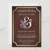 Navy Blue Bourgondië Bloemen Ampersand Hout Huweli Kaart (Voorkant)