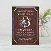 Navy Blue Bourgondië Bloemen Ampersand Hout Huweli Kaart (Staand voorkant)