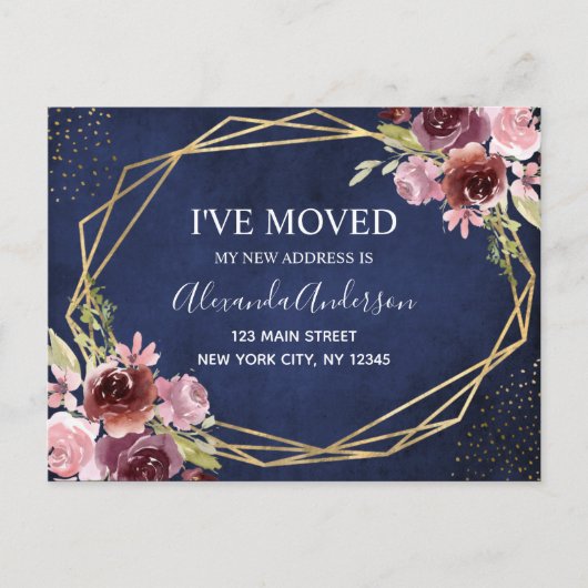 Navy Blue Bourgondië Bloemen Bewegende Aankondigin Aankondigingskaart (Voorkant)