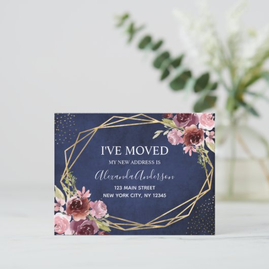 Navy Blue Bourgondië Bloemen Bewegende Aankondigin Aankondigingskaart (Staand voorkant)