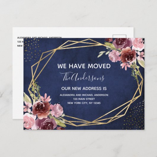 Navy Blue Bourgondië Bloemen Bewegende Aankondigin Aankondigingskaart (Voorkant / Achterkant)