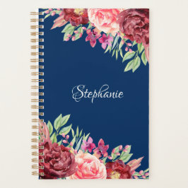 Navy Blue Bourgondië Blush Floral gepersonaliseerd Planner