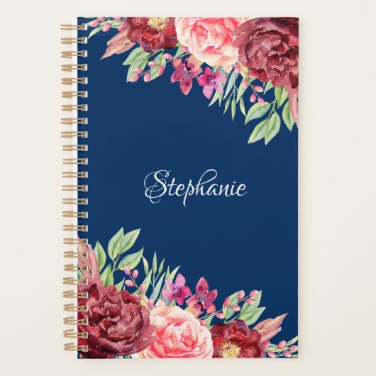 Navy Blue Bourgondië Blush Floral gepersonaliseerd Planner (Voorkant)