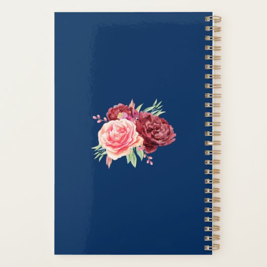 Navy Blue Bourgondië Blush Floral gepersonaliseerd Planner (Achterkant)