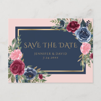Navy Blue Bourgondië Blush Roze Bloemen Save The D Aankondigingskaart