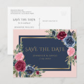 Navy Blue Bourgondië Blush Roze Bloemen Save The D Aankondigingskaart (Voorkant / Achterkant)
