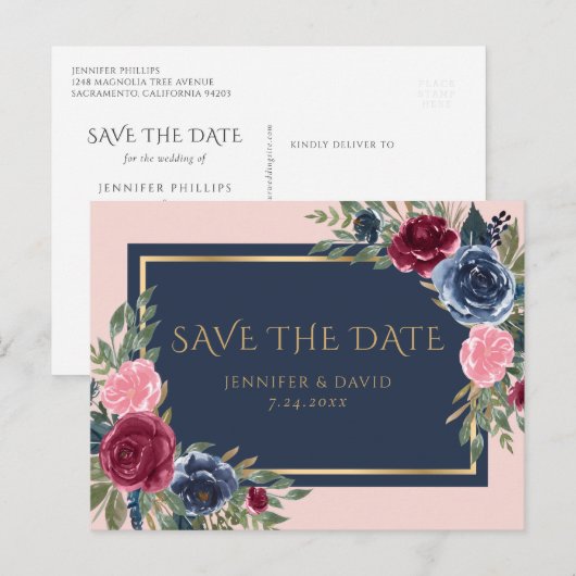 Navy Blue Bourgondië Blush Roze Bloemen Save The D Aankondigingskaart (Voorkant / Achterkant)