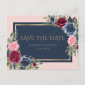 Navy Blue Bourgondië Blush Roze Bloemen Save The D Aankondigingskaart (Voorkant)