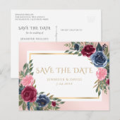 Navy Blue Bourgondië Blush Roze Bloemen Save The D Aankondigingskaart (Voorkant / Achterkant)
