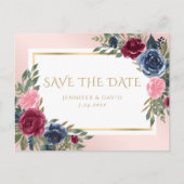 Navy Blue Bourgondië Blush Roze Bloemen Save The D Aankondigingskaart
