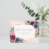 Navy Blue Bourgondië Blush Roze Bloemen Save The D Aankondigingskaart (Staand voorkant)