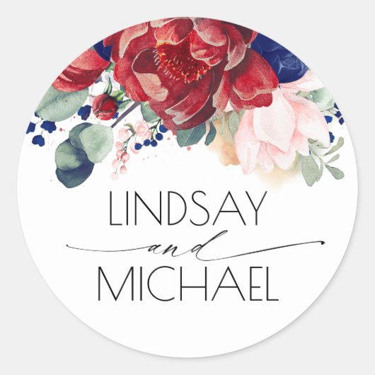 Navy Blue Bourgondië en Blush Floral Elegant Ronde Sticker (Voorkant)