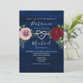 Navy Blue Bourgondië en Roze Bloemen Rustiek Huwel Kaart (Staand voorkant)