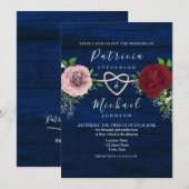 Navy Blue Bourgondië en Roze Bloemen Rustiek Huwel Kaart (Voorkant / Achterkant)