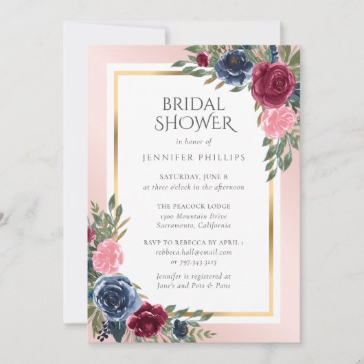 Navy Blue Bourgondië Gold Blush Bloemen Vrijgezell Kaart (Voorkant)