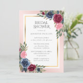 Navy Blue Bourgondië Gold Blush Bloemen Vrijgezell Kaart (Staand voorkant)