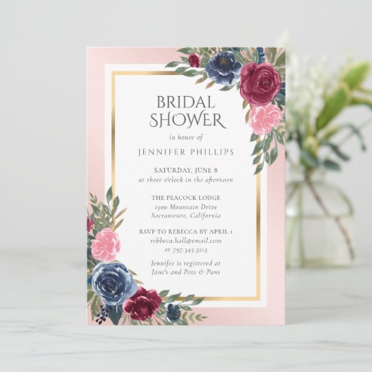 Navy Blue Bourgondië Gold Blush Bloemen Vrijgezell Kaart (Staand voorkant)