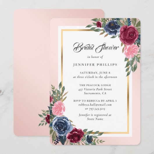 Navy Blue Bourgondië Gold Blush Bloemen Vrijgezell Kaart (Voorkant / Achterkant)