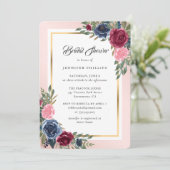 Navy Blue Bourgondië Gold Blush Bloemen Vrijgezell Kaart (Staand voorkant)