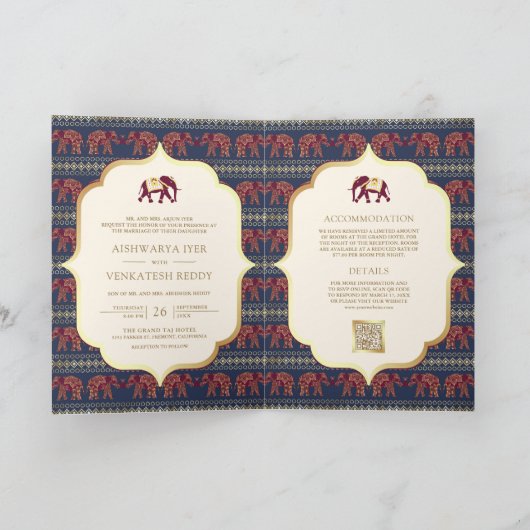 Navy Blue Bourgondië Gold Elephant Indian Wedding (Binnen)