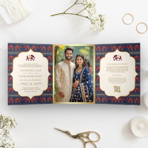 Navy Blue Bourgondië Gold Elephant Indian Wedding Drieluik Uitnodiging