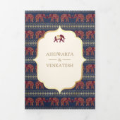 Navy Blue Bourgondië Gold Elephant Indian Wedding Drieluik Uitnodiging (Cover)