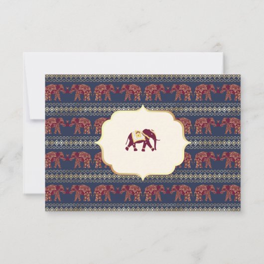 Navy Blue Bourgondië Gold Elephant Indian Wedding RSVP Kaartje (Achterkant)