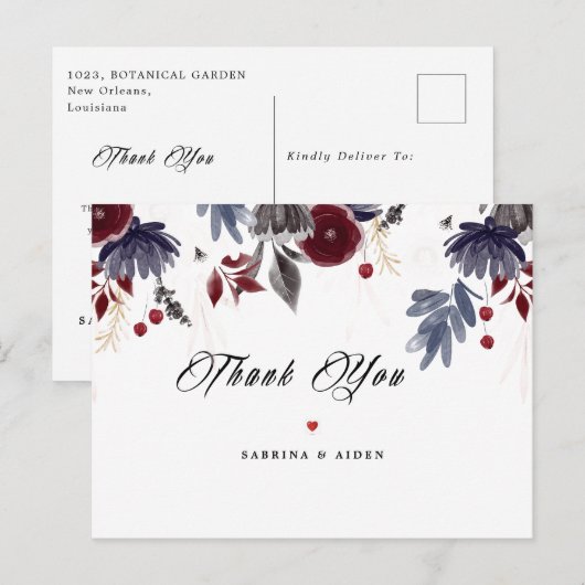 Navy Blue Bourgondië Gotische Bloemige Trouw Dank  Briefkaart (Voorkant / Achterkant)