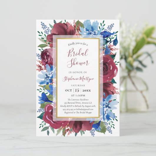 Navy Blue Bourgondië Goud Bloemen Vrijgezellenfees Kaart (Staand voorkant)