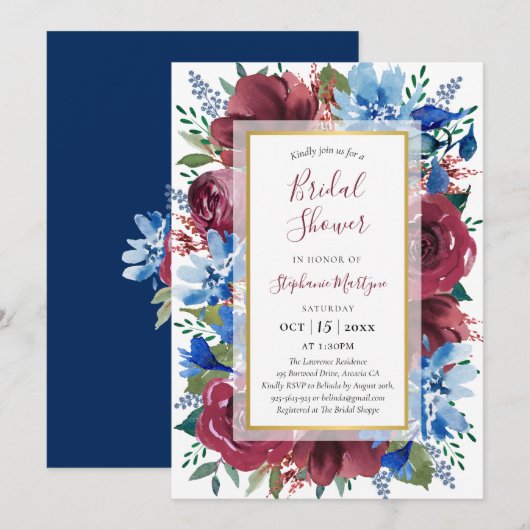 Navy Blue Bourgondië Goud Bloemen Vrijgezellenfees Kaart (Voorkant / Achterkant)