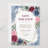 Navy Blue Bourgondië Goud Geometrisch Bloemen Brui Aankondiging (Voorkant)