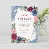 Navy Blue Bourgondië Goud Geometrisch Bloemen Brui Aankondiging (Staand voorkant)