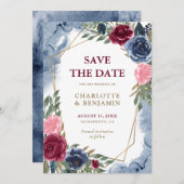 Navy Blue Bourgondië Goud Geometrisch Bloemen Brui Aankondiging (Voorkant / Achterkant)