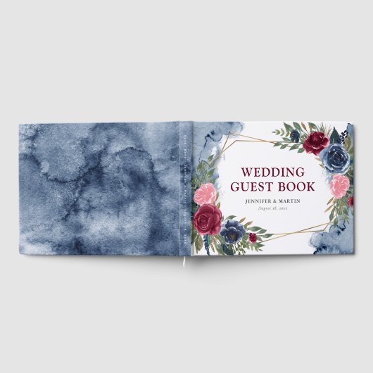 Navy Blue Bourgondië Goud Geometrisch Bloemen Brui Gastenboek (Volledig)