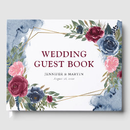 Navy Blue Bourgondië Goud Geometrisch Bloemen Brui Gastenboek