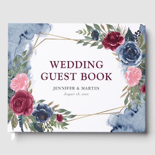 Navy Blue Bourgondië Goud Geometrisch Bloemen Brui Gastenboek (Voorkant)