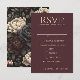 Navy Blue & Bourgondië Moody Bloemen Voedsel keuze RSVP Kaartje