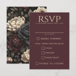 Navy Blue & Bourgondië Moody Bloemen Voedsel keuze RSVP Kaartje