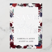 Navy Blue Bourgondische Bloemige Trouw Save The Da Folie Uitnodiging (Voorkant)