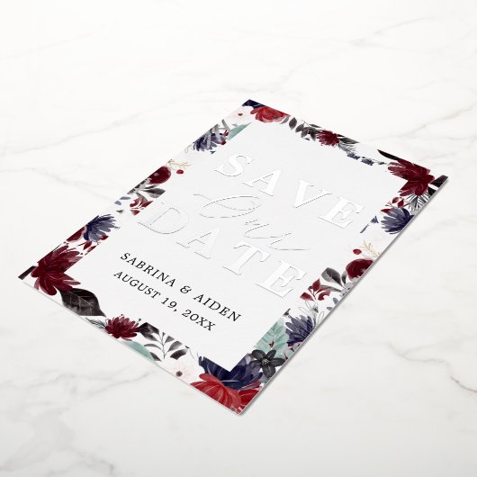 Navy Blue Bourgondische Bloemige Trouwkaart Save T Folie Uitnodiging (Gedraaid)