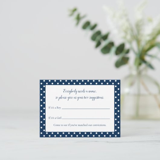 Navy Blue Bow Baby Naam Suggestie Douche Spel Informatiekaartje (Staand voorkant)