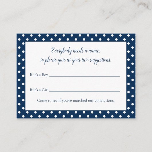 Navy Blue Bow Baby Naam Suggestie Douche Spel Informatiekaartje (Voorkant)