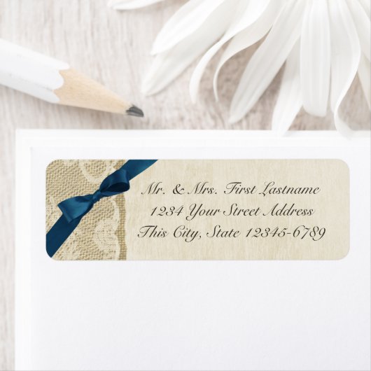 Navy Blue Bow, Kant en Burlap Rustiek Land Etiket (Insitu)