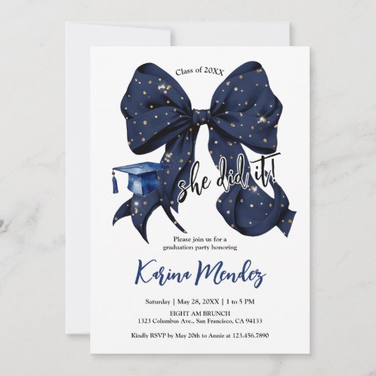 Navy Blue Bow met Gouden Glitter Afstudeerder Kaart (Voorkant)