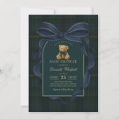 Navy Blue Bow Plaid Teddy Bear Boy Baby Shower Kaart (Voorkant)