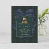 Navy Blue Bow Plaid Teddy Bear Boy Baby Shower Kaart (Staand voorkant)