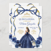Navy Blue Bow Princess Gold Crown Quinceañera Kaart (Voorkant / Achterkant)