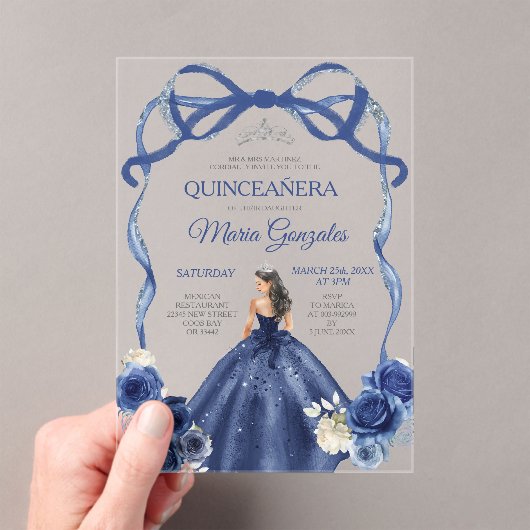 Navy Blue Bow Princess Silver Crown Quinceañera Acryl Uitnodigingen (Insitu (Draagbaar))