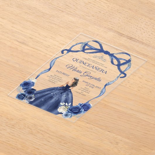 Navy Blue Bow Princess Silver Crown Quinceañera Acryl Uitnodigingen (Laagn)