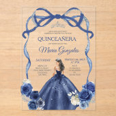 Navy Blue Bow Princess Silver Crown Quinceañera Acryl Uitnodigingen (Voorkant)